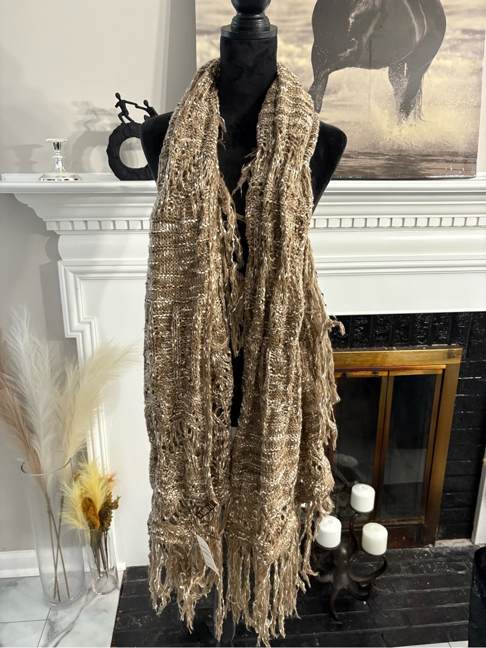 Textured Fringe Scarf - Beige Multicolor